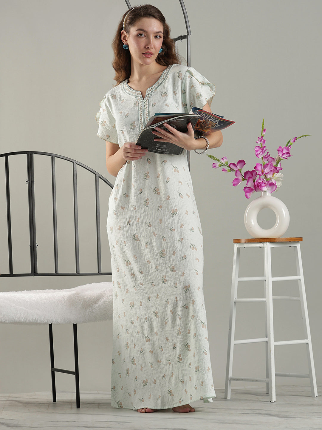 Misty Green Crush Cotton Classy A-Line Nighty for Women