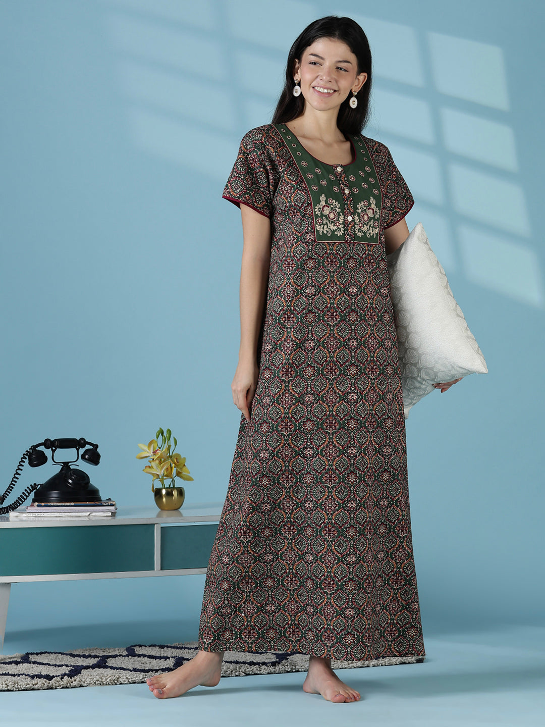 Mehandi green premium 100% pure cotton nighty for women