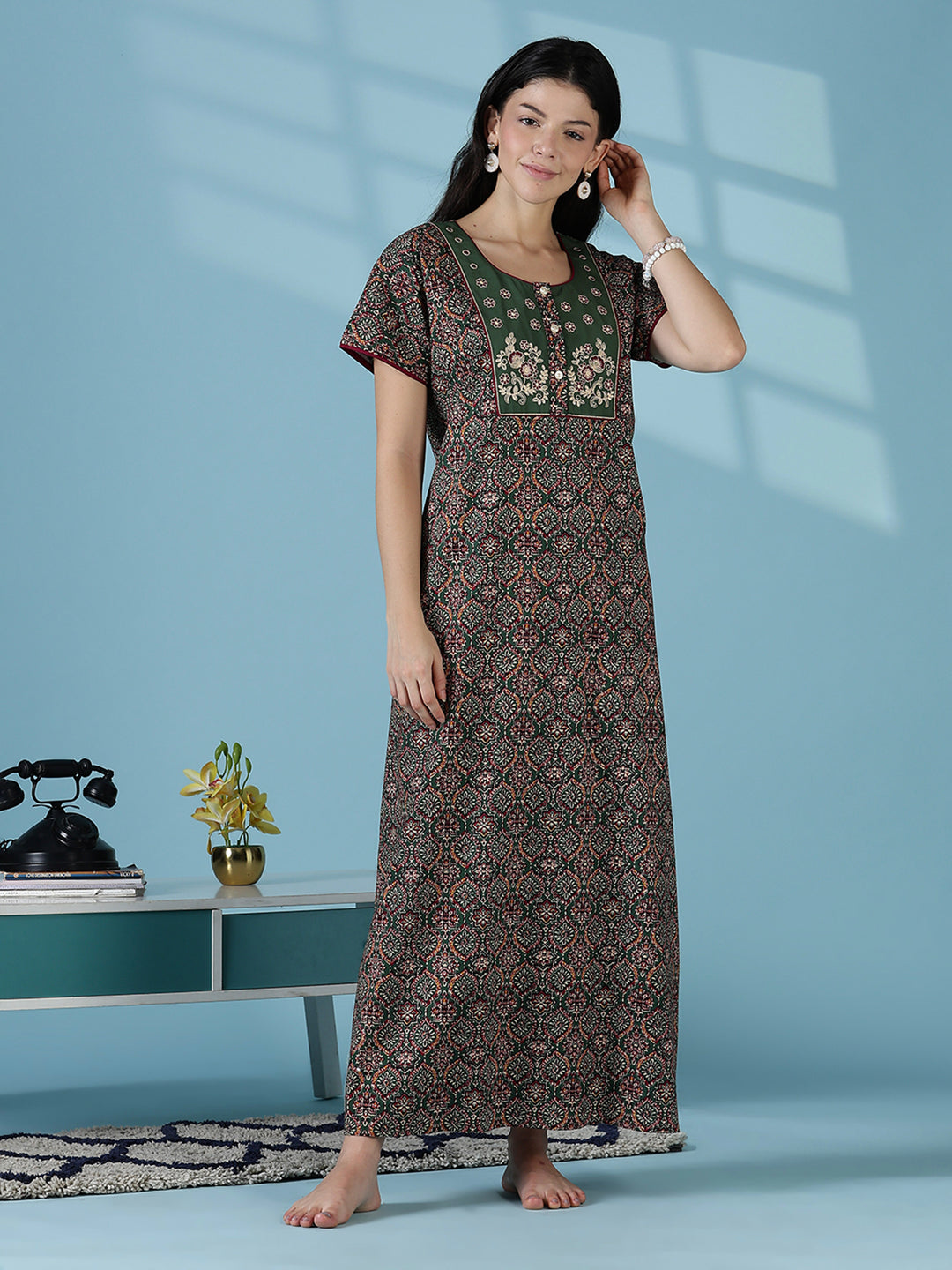 Mehandi green premium 100% pure cotton nighty for women