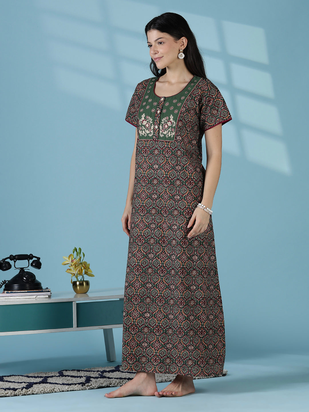 Mehandi green premium 100% pure cotton nighty for women