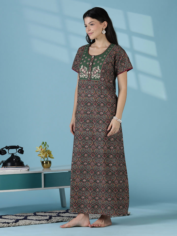 Mehandi green premium 100% pure cotton nighty for women