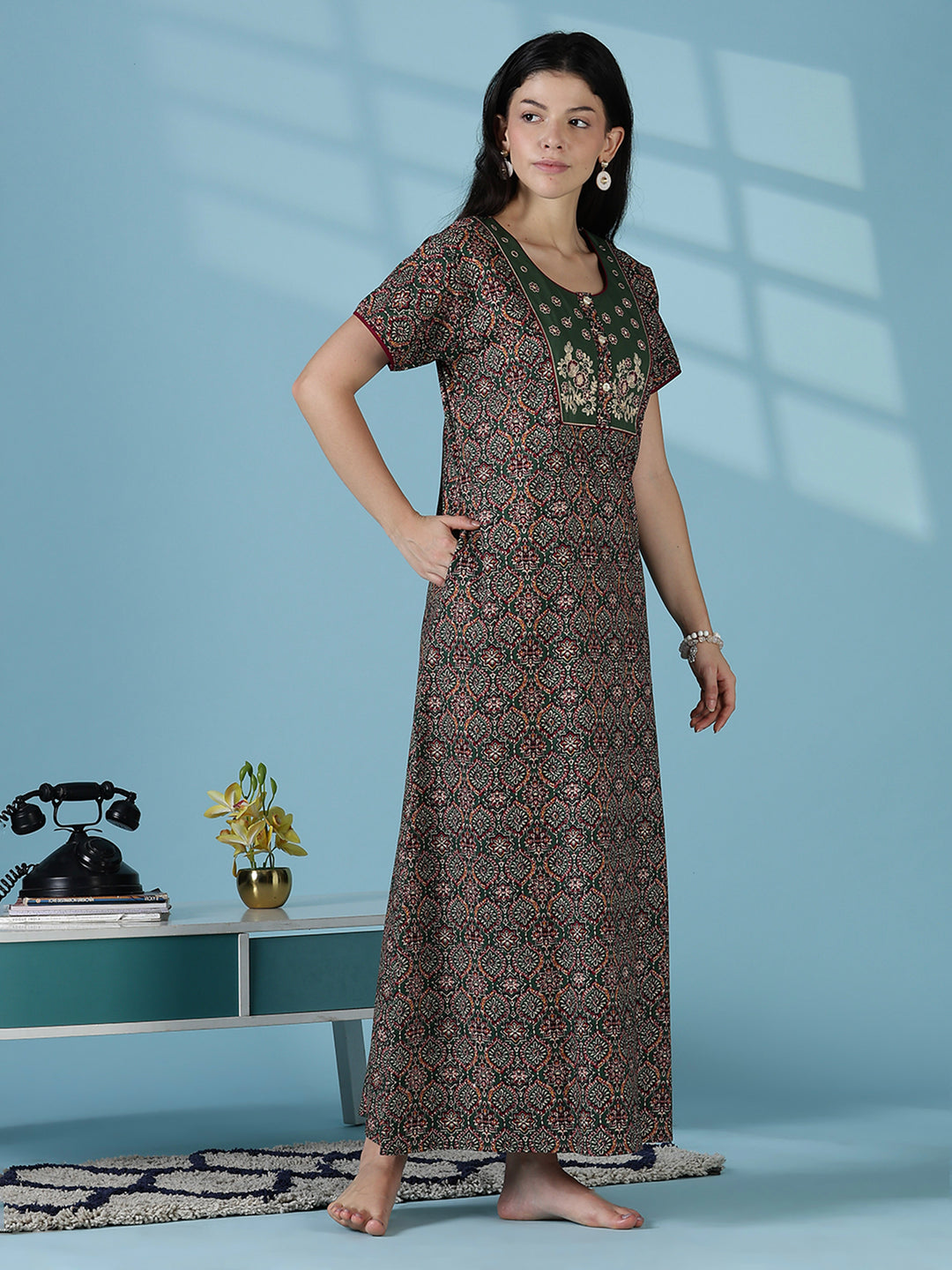 Mehandi green premium 100% pure cotton nighty for women