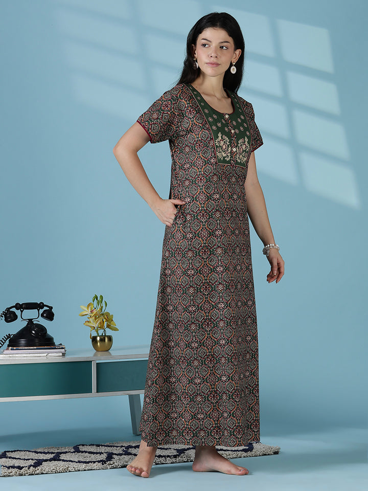 Mehandi green premium 100% pure cotton nighty for women