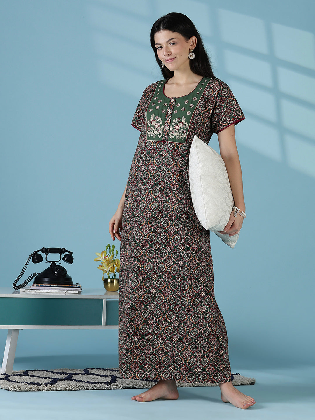 Mehandi green premium 100% pure cotton nighty for women