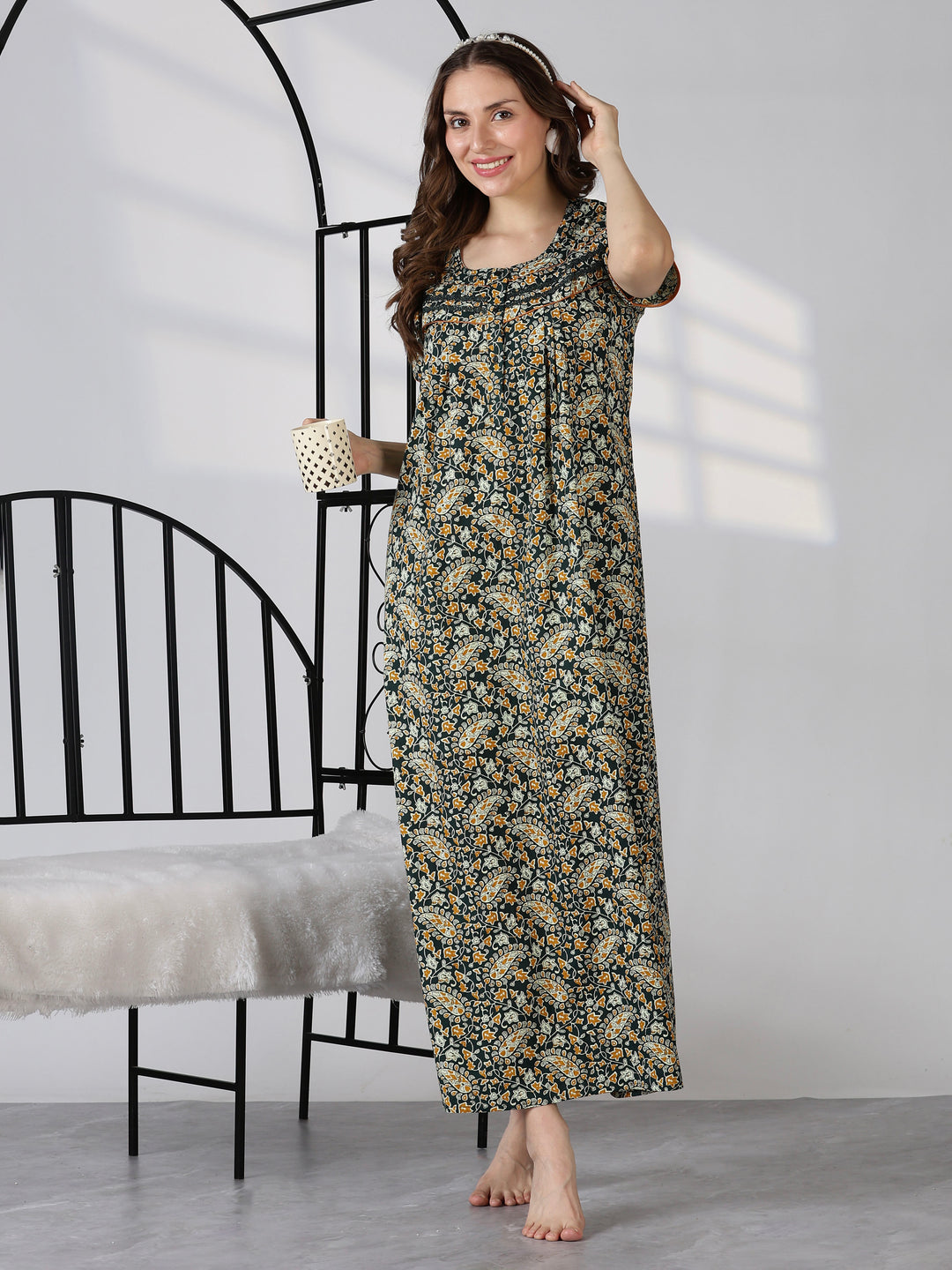 Paisley green print daily wear pure cotton nighty for women
