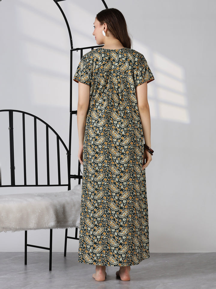 Paisley green print daily wear pure cotton nighty for women