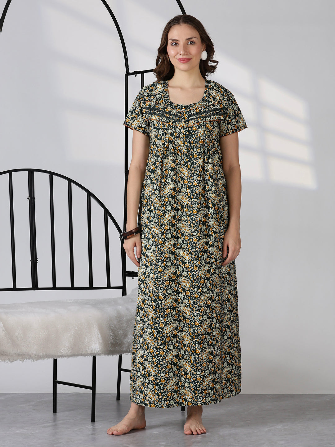 Paisley green print daily wear pure cotton nighty for women