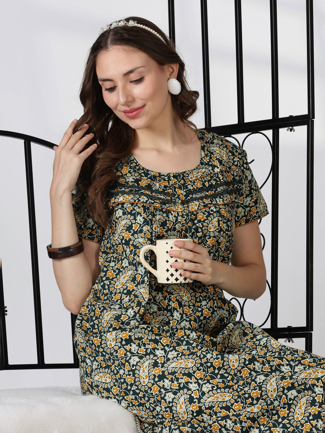 Paisley green print daily wear pure cotton nighty for women