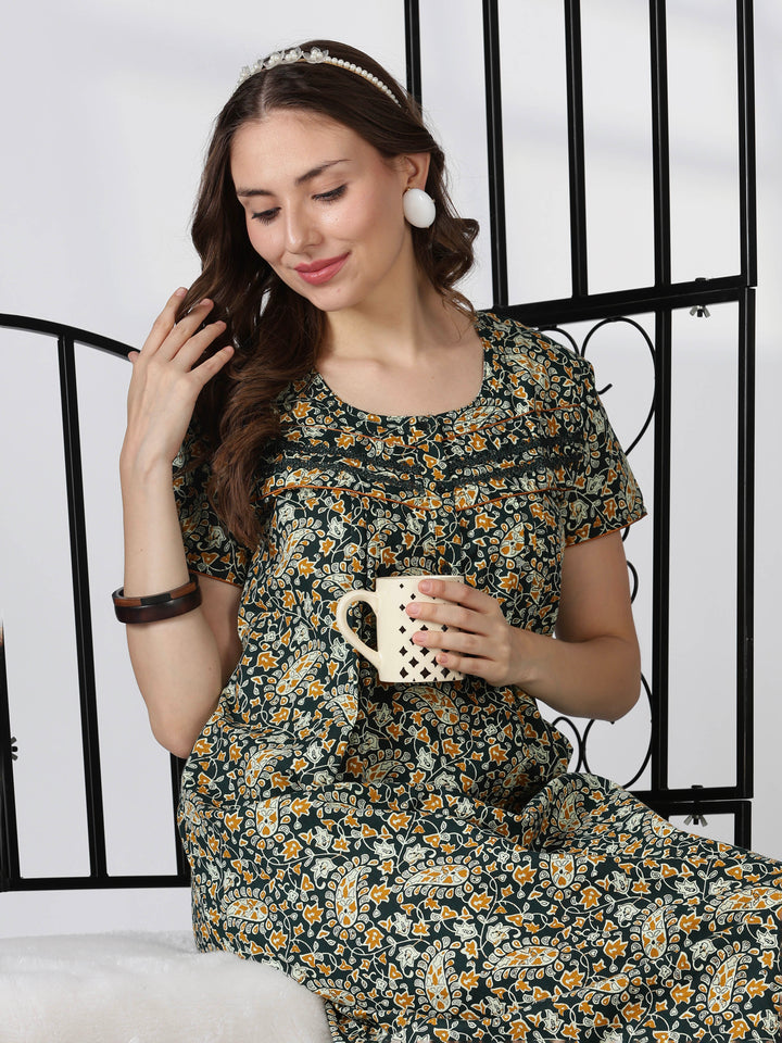 Paisley green print daily wear pure cotton nighty for women