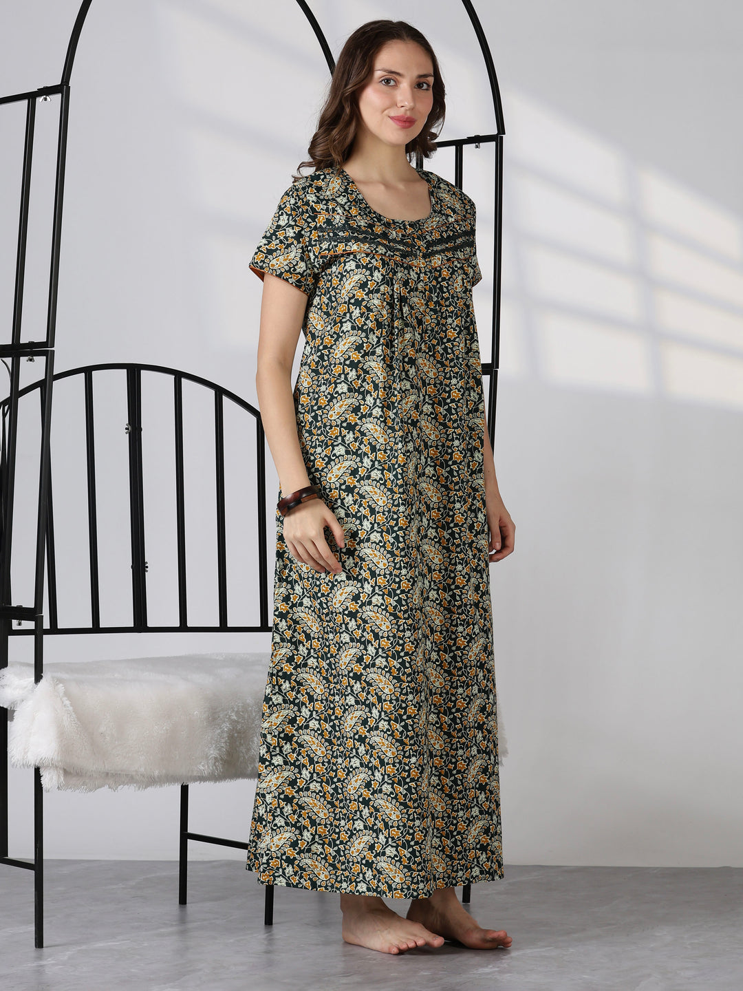 Paisley green print daily wear pure cotton nighty for women
