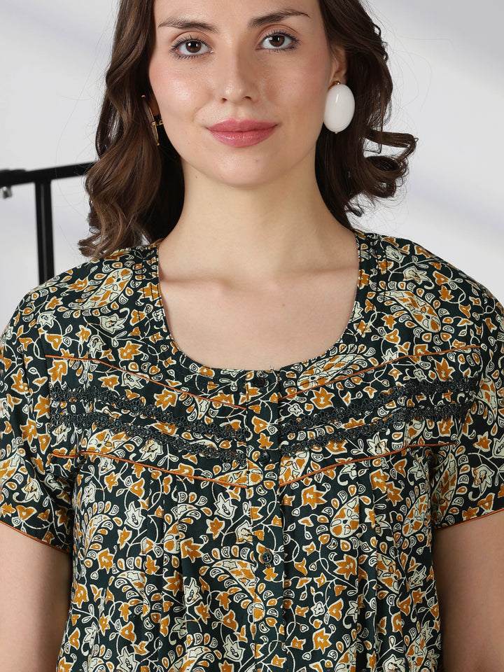 Paisley green print daily wear pure cotton nighty for women