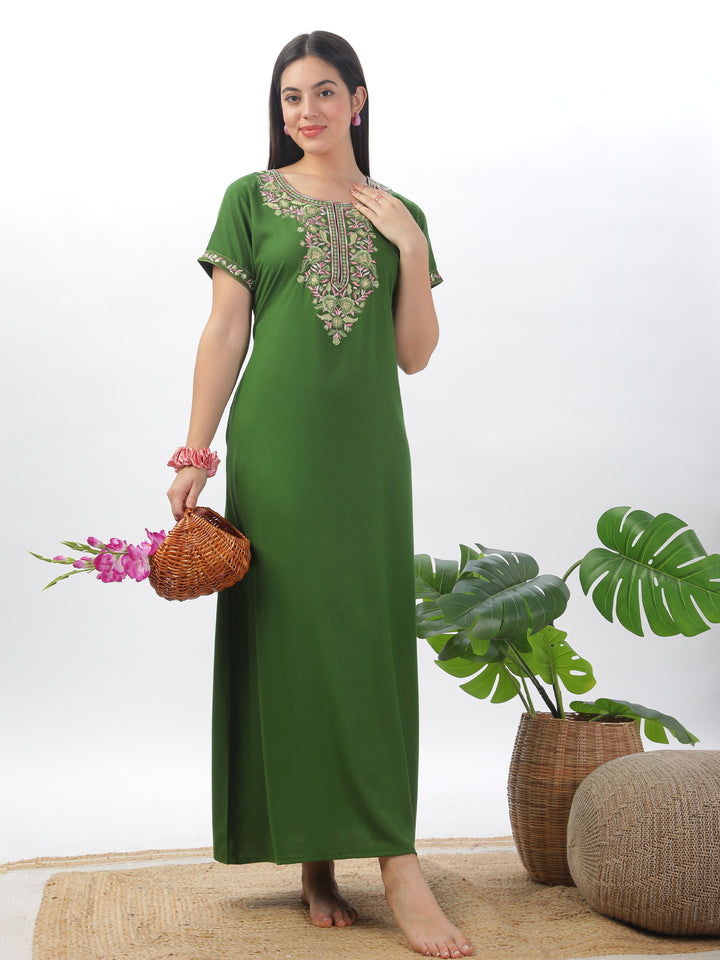 Green alpine premium nighty for women with embroidery