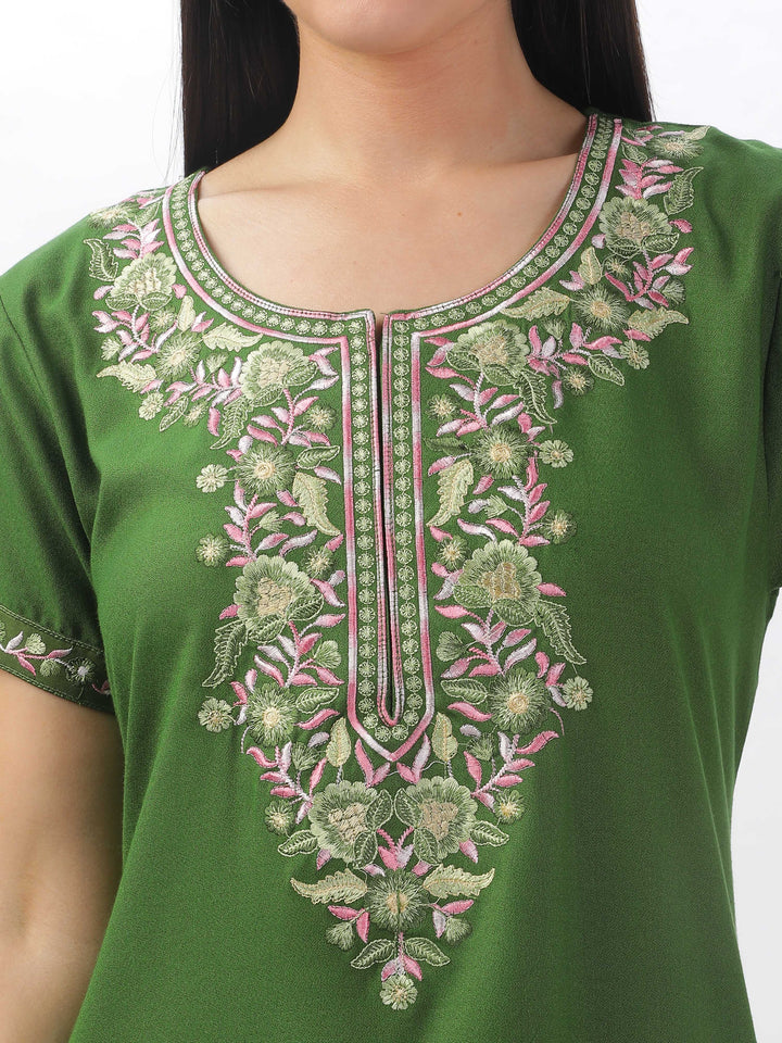 Green alpine premium nighty for women with embroidery
