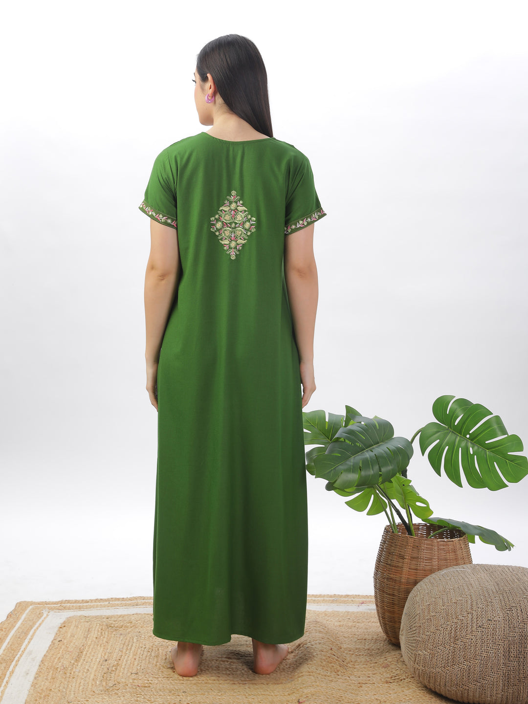 Green alpine premium nighty for women with embroidery