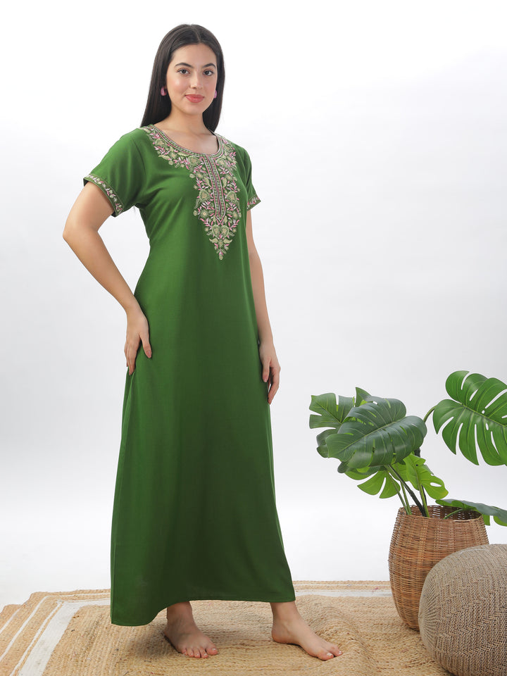 Green alpine premium nighty for women with embroidery