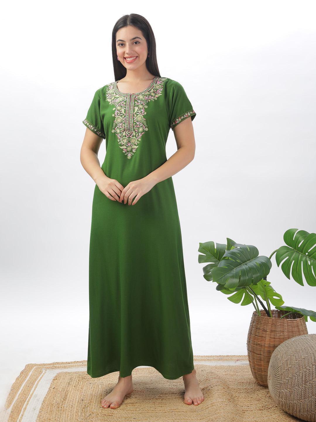 Green alpine premium nighty for women with embroidery
