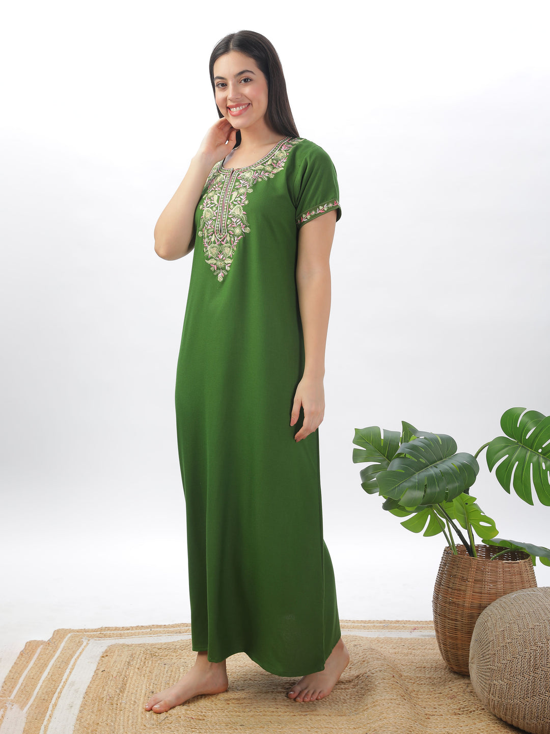 Green alpine premium nighty for women with embroidery