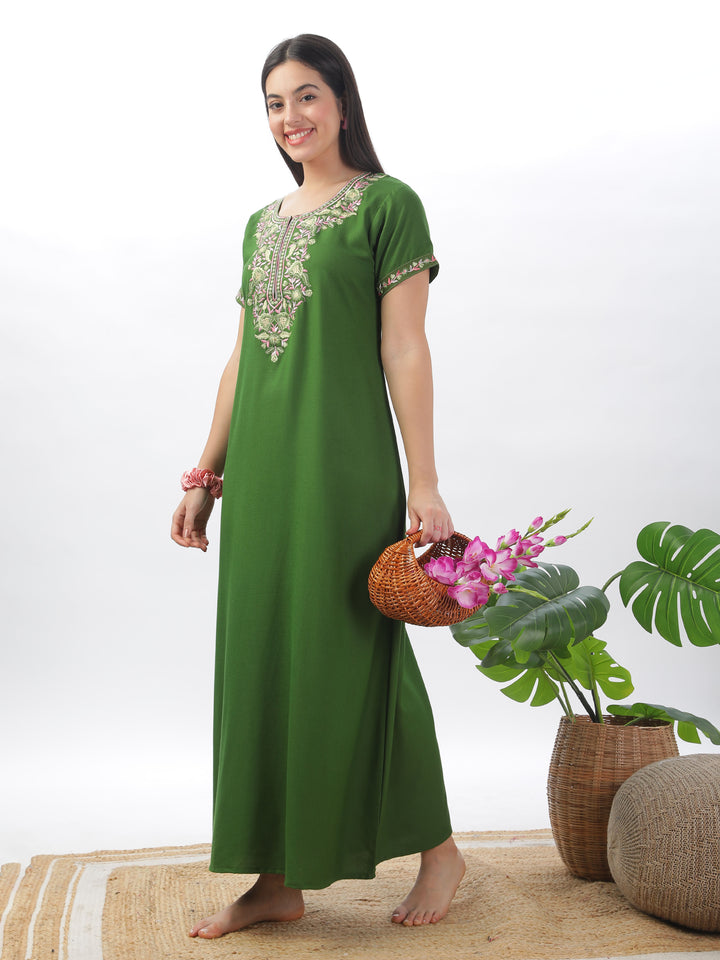 Green alpine premium nighty for women with embroidery
