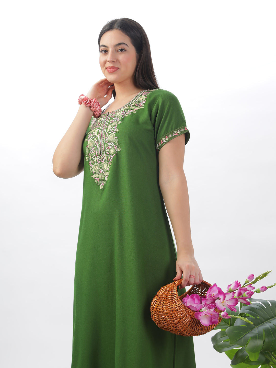 Green alpine premium nighty for women with embroidery