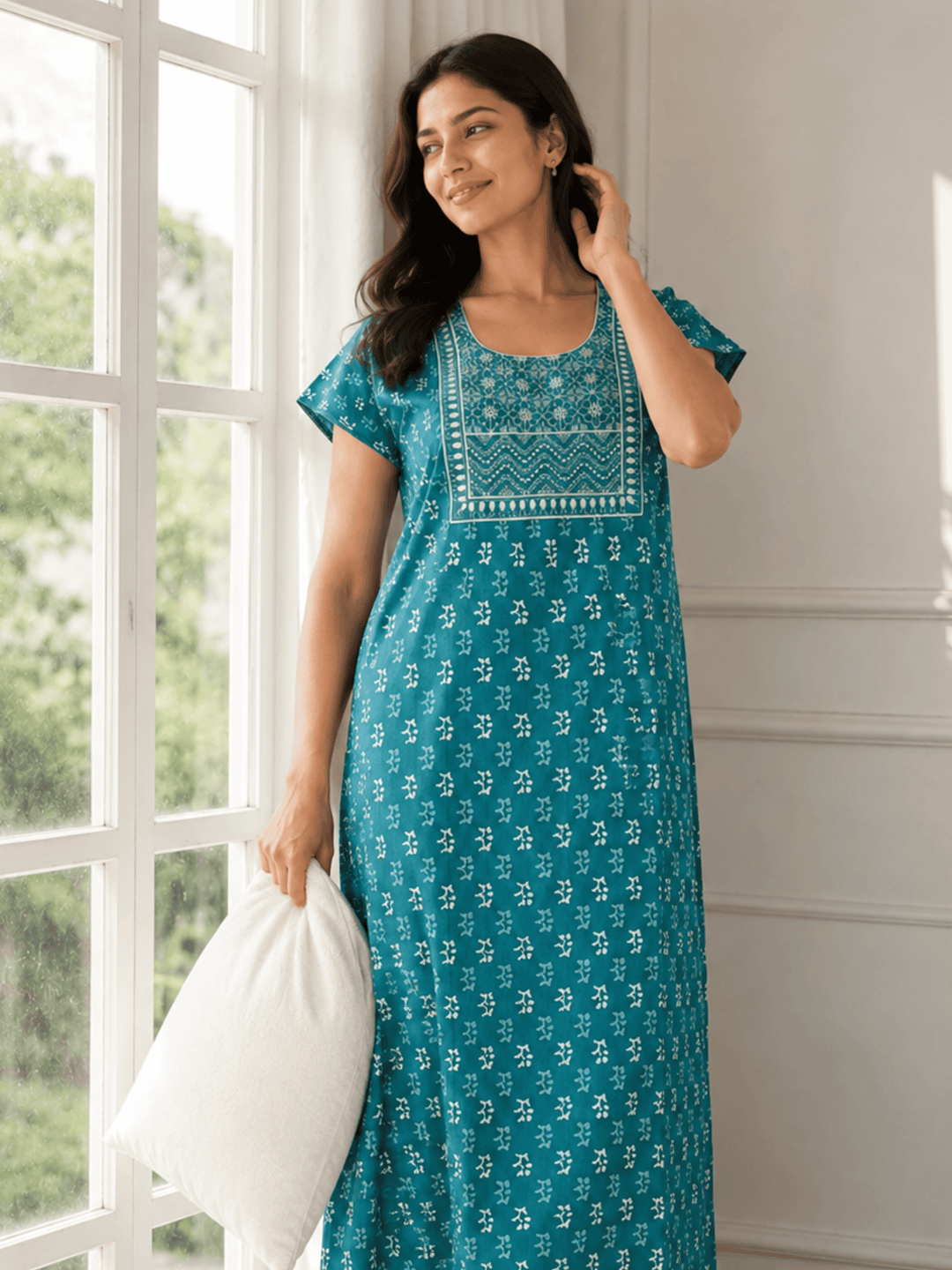Utsav green pure cotton long nighty for women online