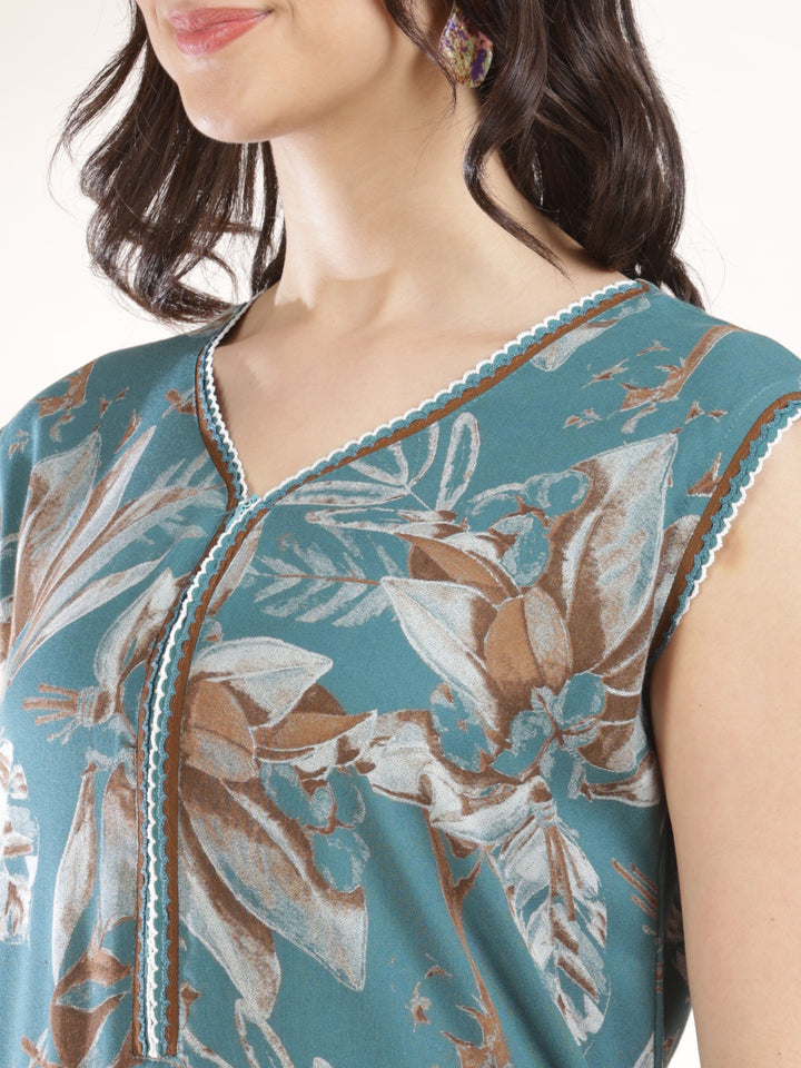 Blush green floral print sleeveless nighty for women