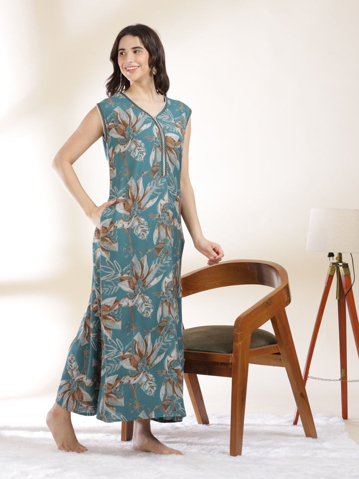 Blush green floral print sleeveless nighty for women