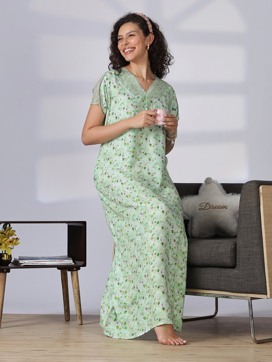 Pista green rayon floral a-line summer night dress for women