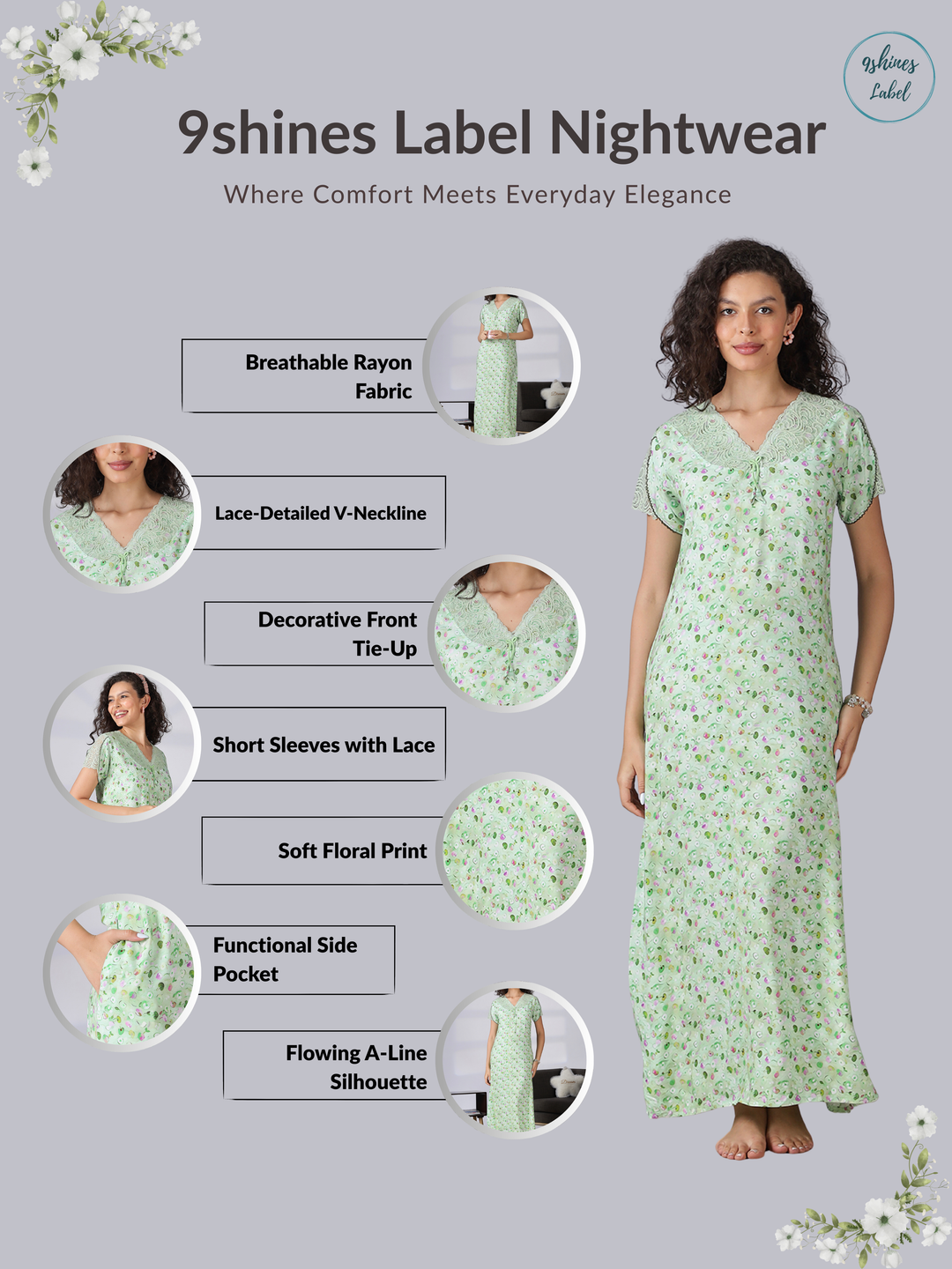 Pista green rayon floral a-line summer night dress for women