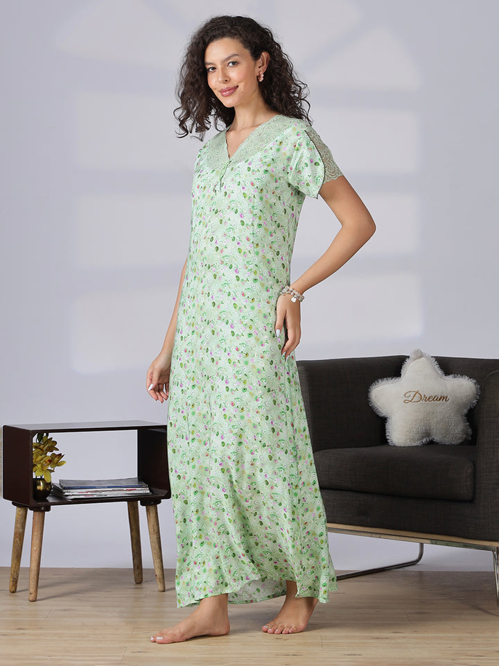 Pista green rayon floral a-line summer night dress for women