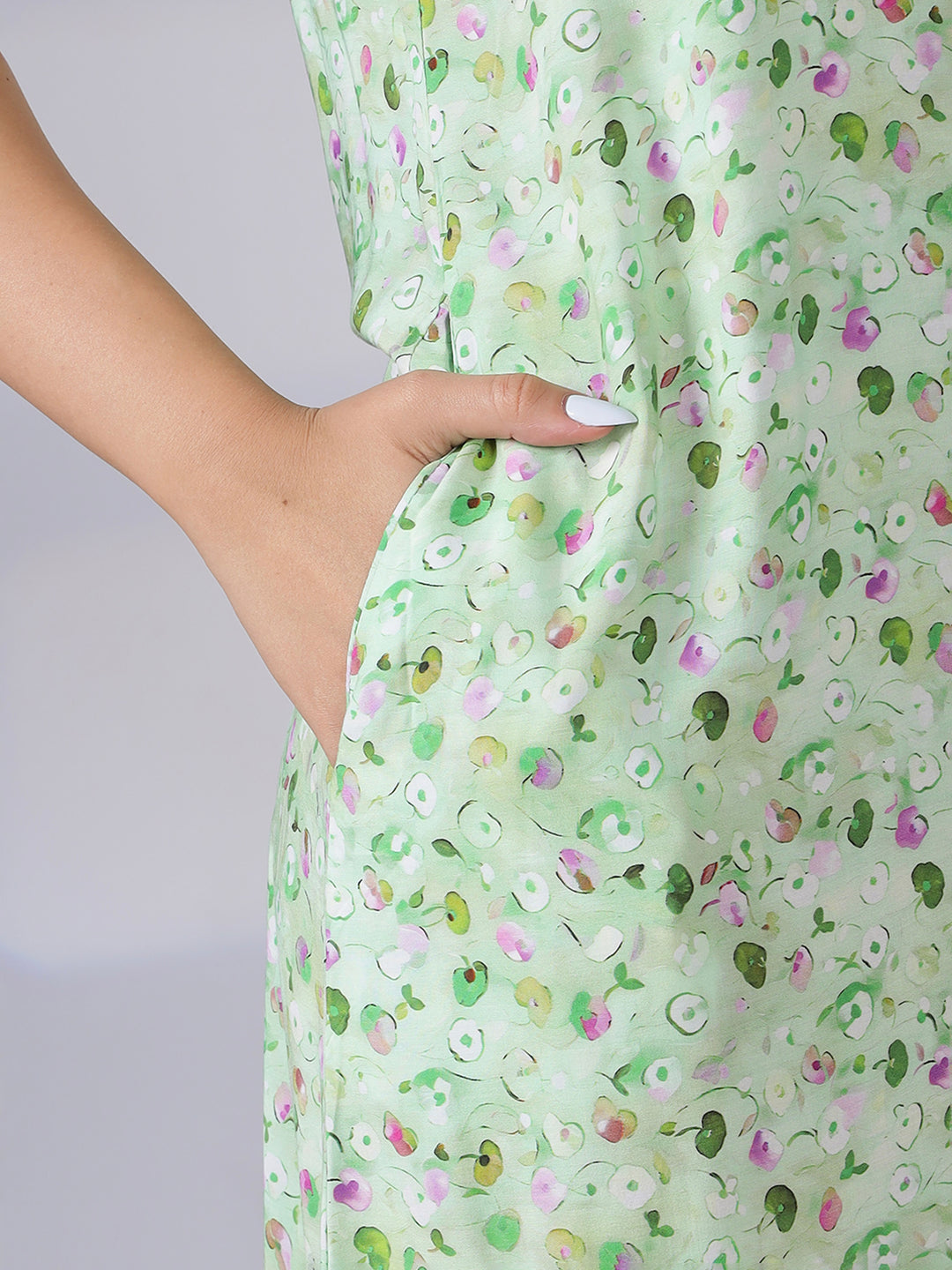 Pista green rayon floral a-line summer night dress for women