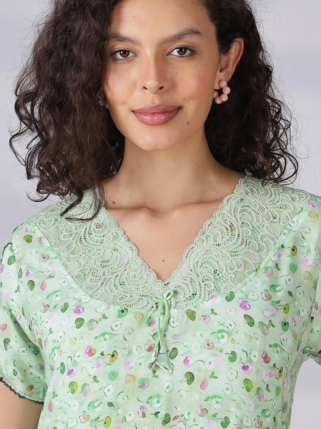 Pista green rayon floral a-line summer night dress for women