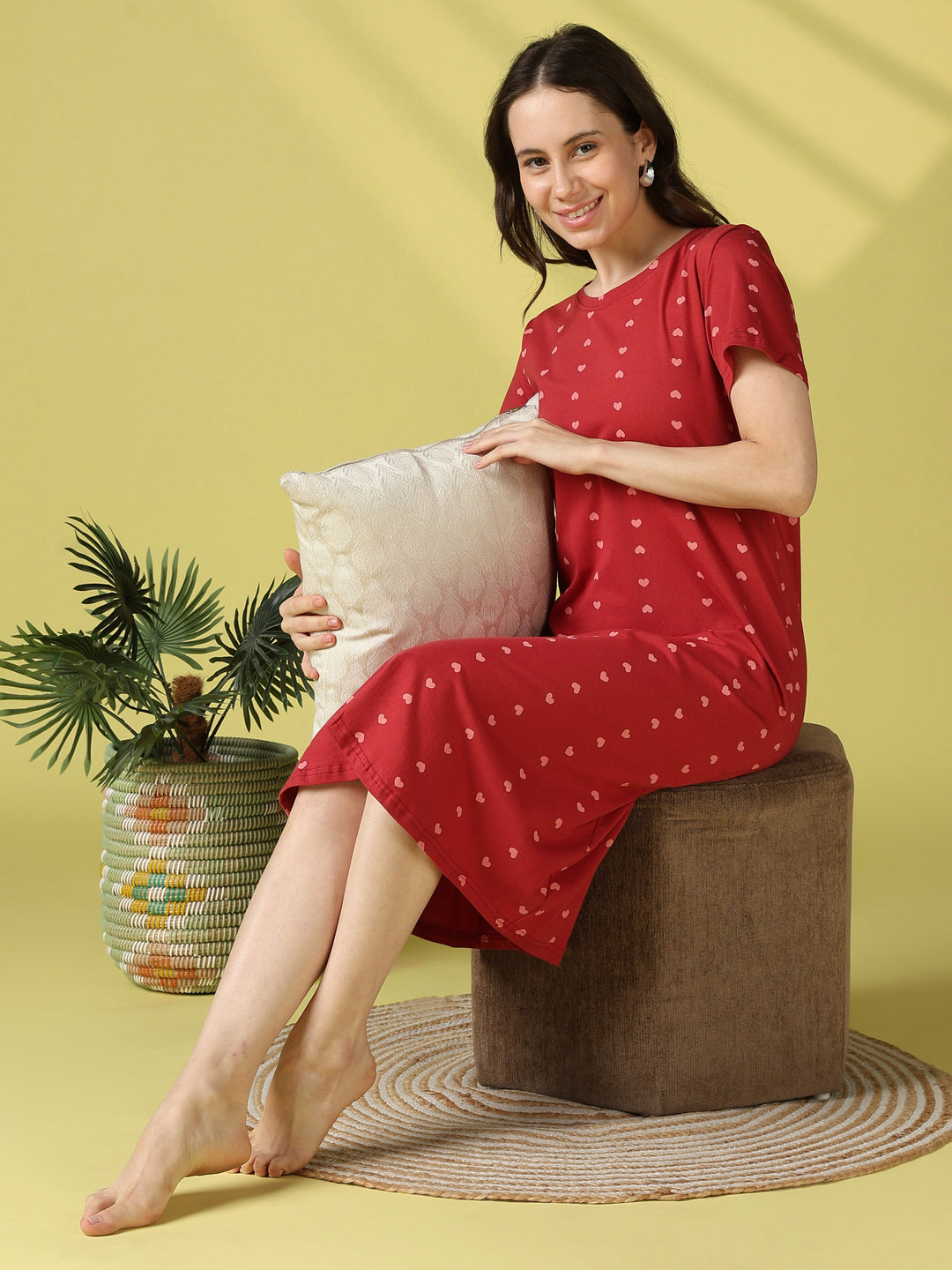 Cute heart print cotton short nighty for women online
