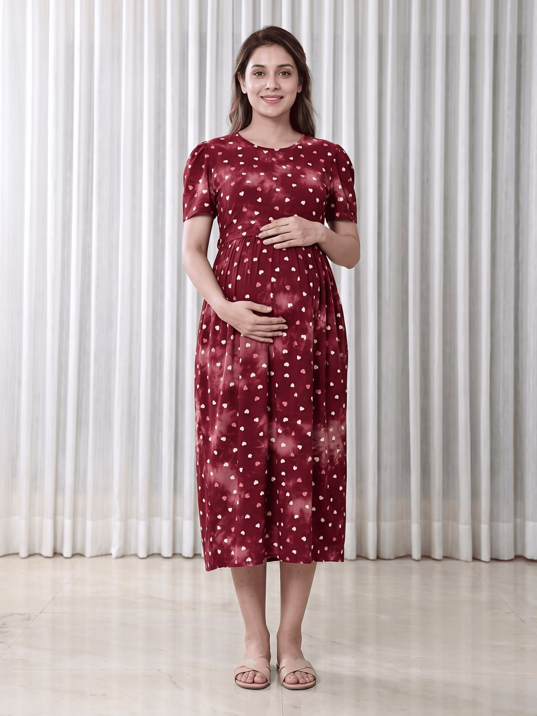 Red heart print maternity nighty dress for women online