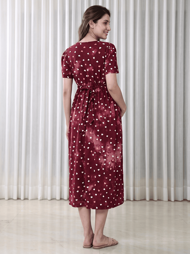 Red heart print maternity nighty dress for women online