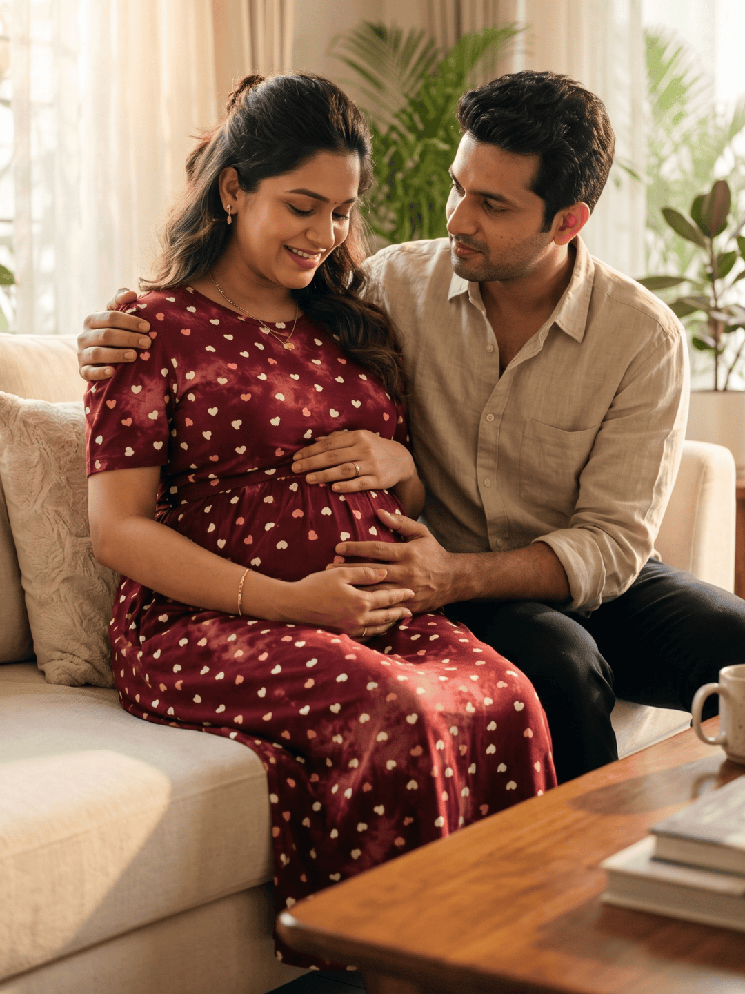 Red heart print maternity nighty dress for women online
