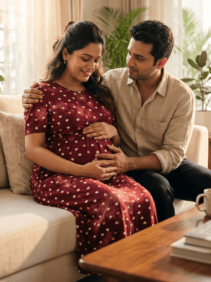 Red heart print maternity nighty dress for women online