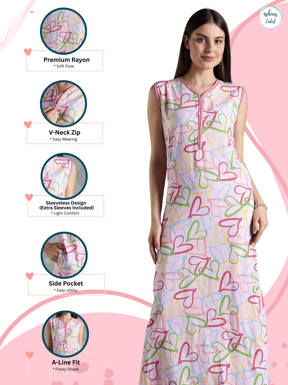 Pink heart print rayon comfortable sleeveless nighty for women