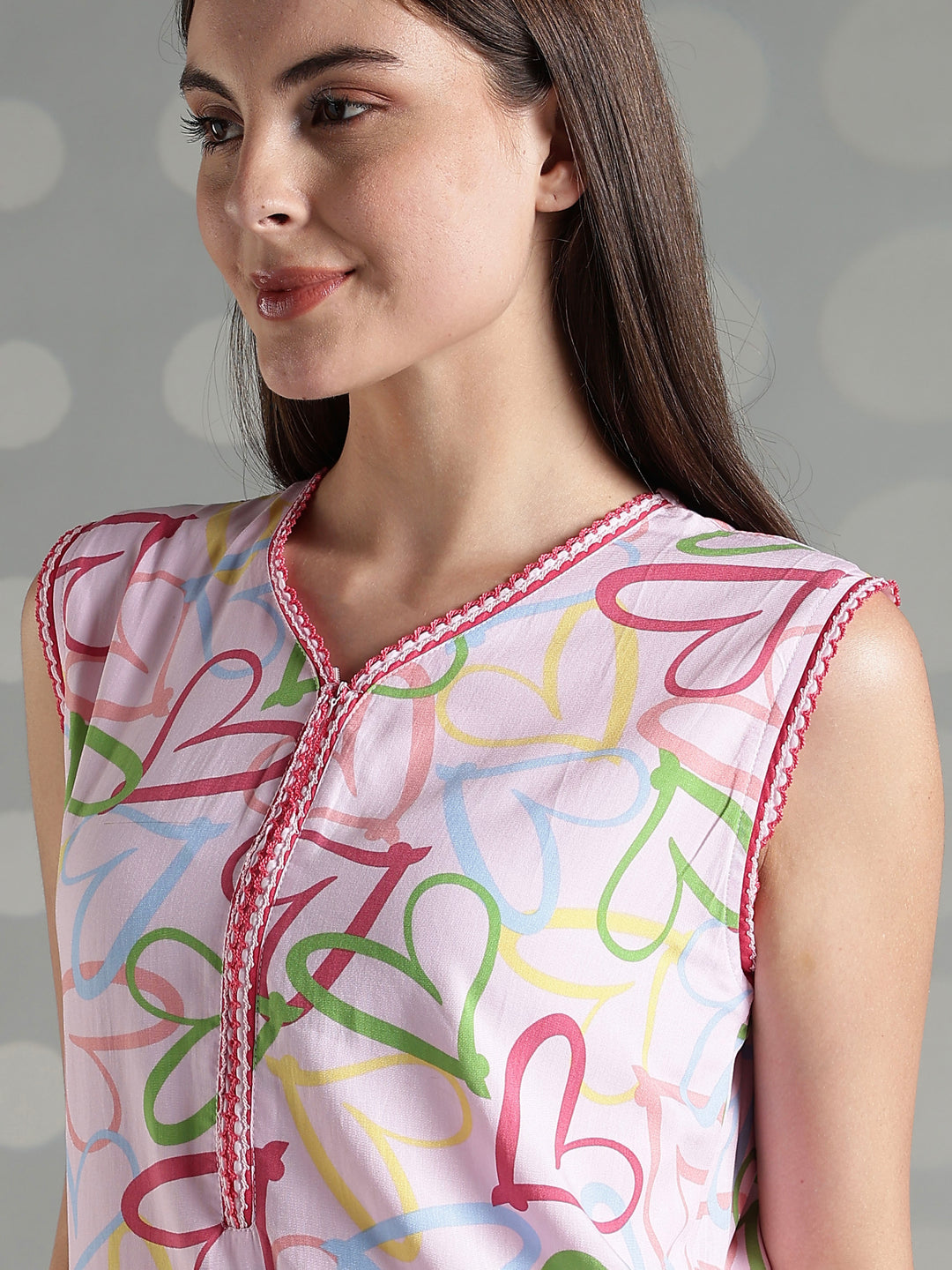 Pink heart print rayon comfortable sleeveless nighty for women