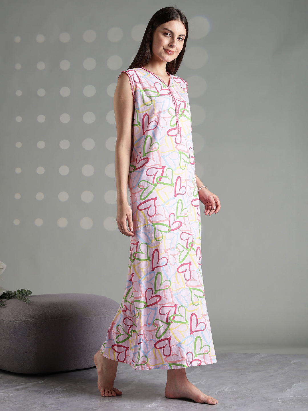 Pink heart print rayon comfortable sleeveless nighty for women