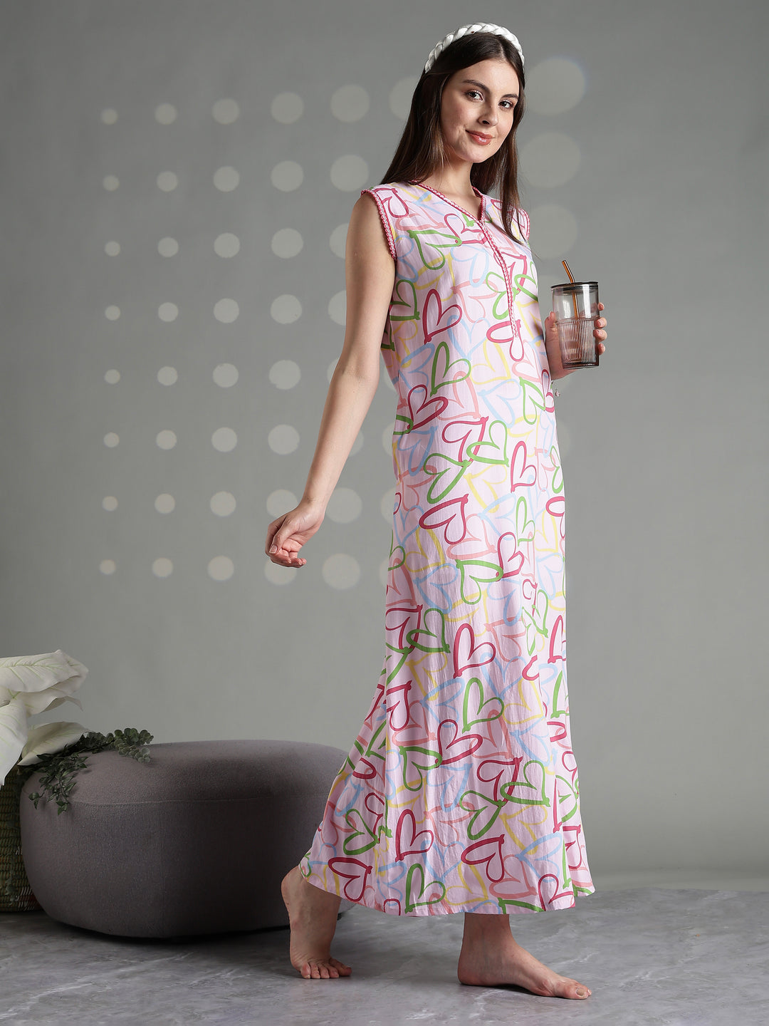 Pink heart print rayon comfortable sleeveless nighty for women