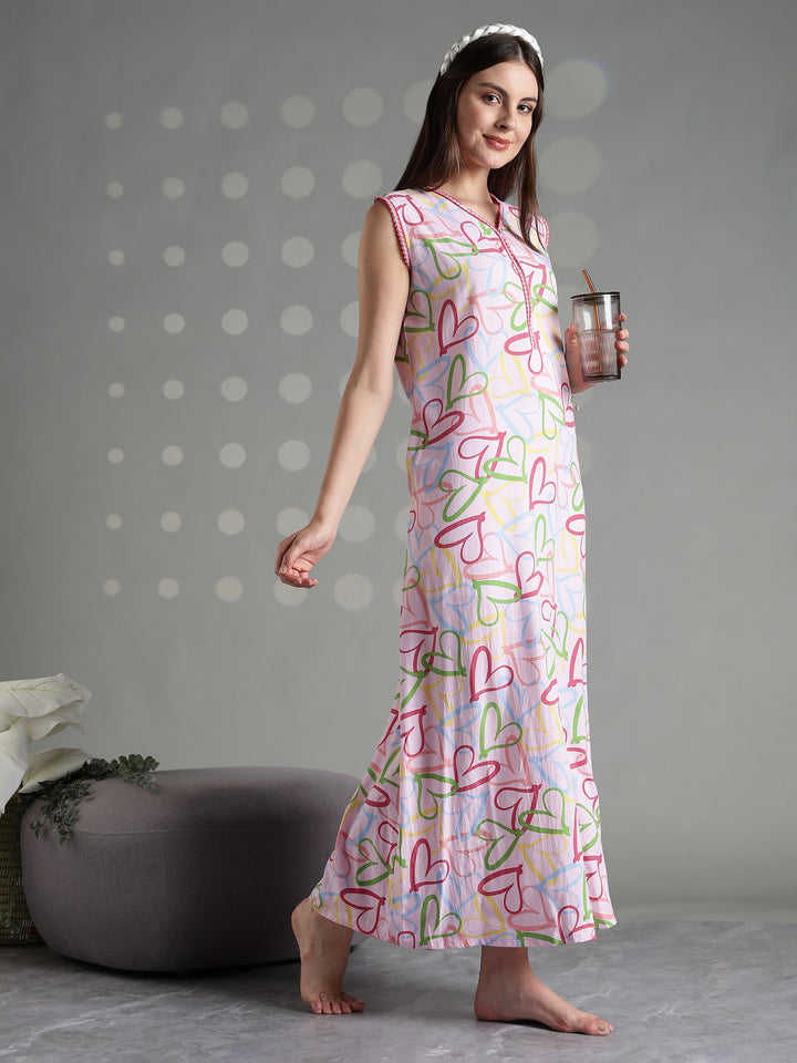 Pink heart print rayon comfortable sleeveless nighty for women