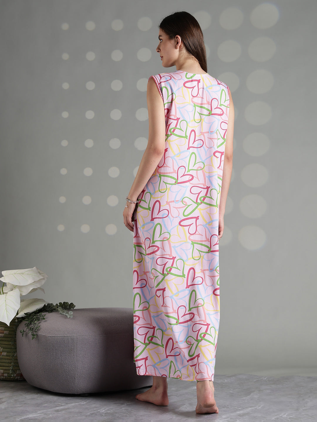 Pink heart print rayon comfortable sleeveless nighty for women