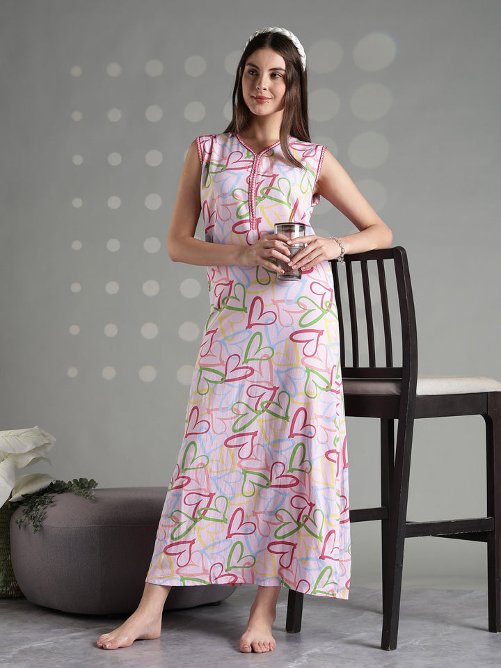 Pink heart print rayon comfortable sleeveless nighty for women