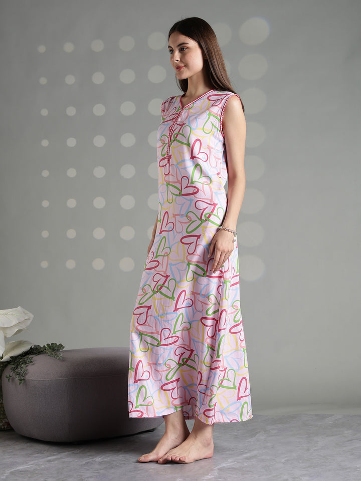 Pink heart print rayon comfortable sleeveless nighty for women