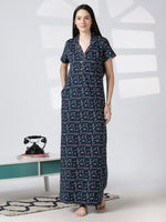 Geometric Print Hosiery Cotton Nighty for Women with Collar