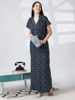 Geometric Print Hosiery Cotton Nighty for Women with Collar