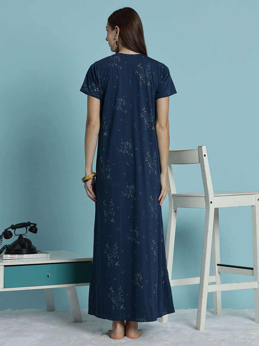 Indigo floral cotton blend comfortable nighty for women