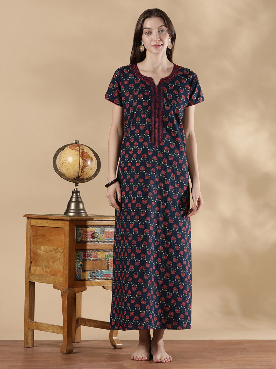 Indigo floral print pure cotton floral night dress for women