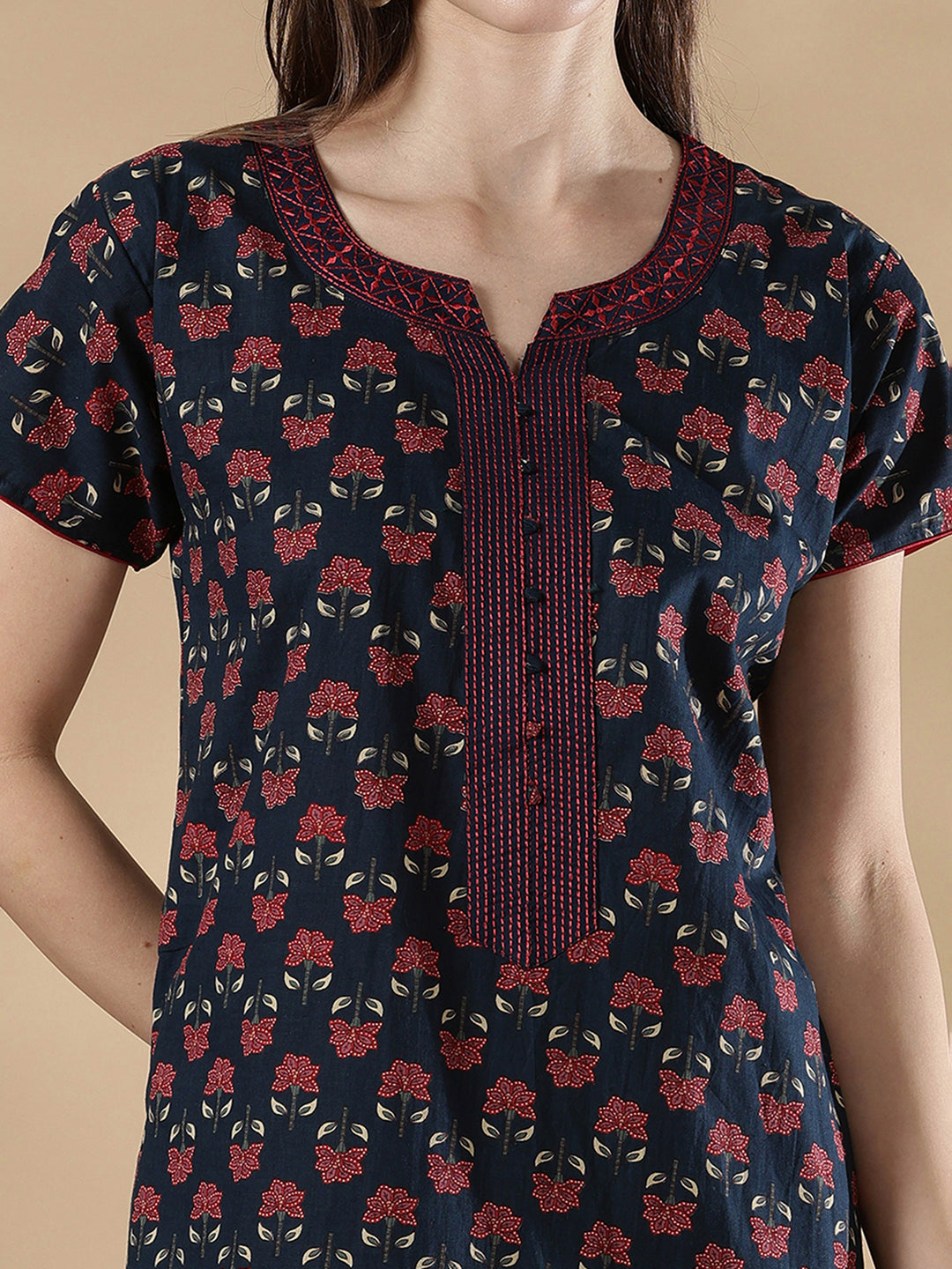 Indigo floral print pure cotton floral night dress for women