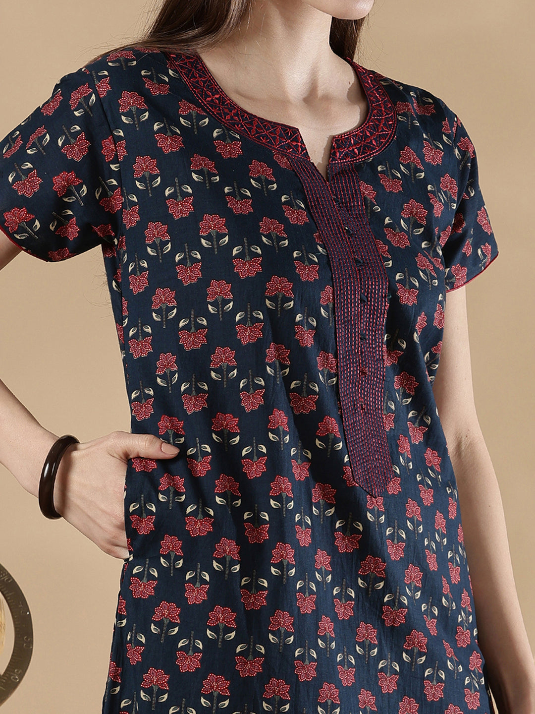 Indigo floral print pure cotton floral night dress for women